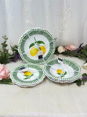Rachel Ashwell Melamine Lemon Green Cabana Stripe 12pc Dinnerware Plates bowls